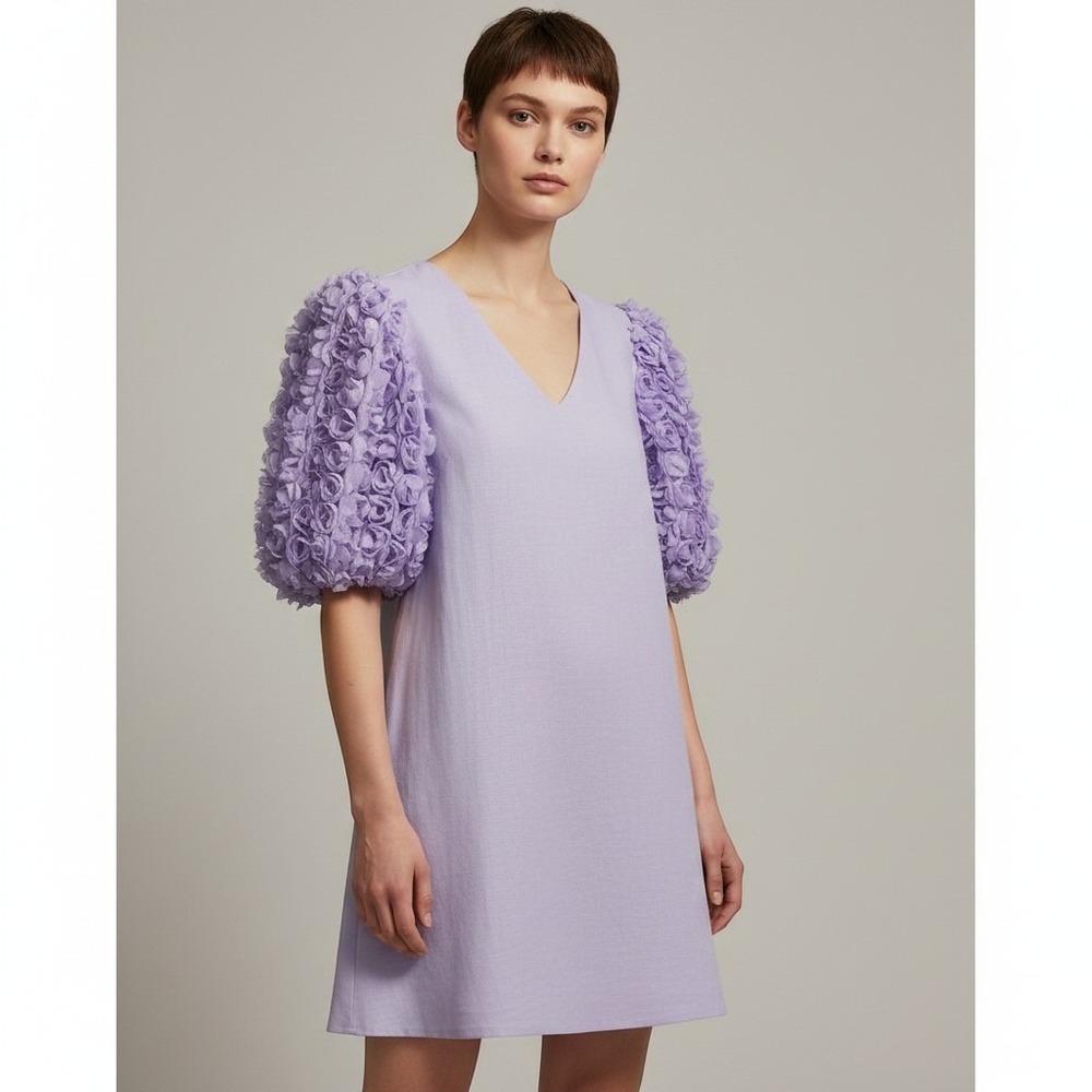 Entro Shift Dress Womens S Lavender New 3D Floral‎ Puff Sleeve V-Neck
